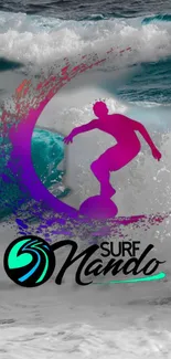 Vibrant surfing design with waves and purple surfer silhouette on mobile wallpaper.