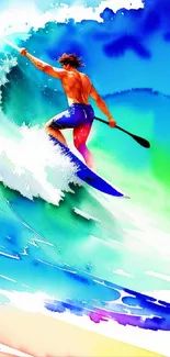 Surfer riding vibrant watercolor waves in a dynamic ocean scene.