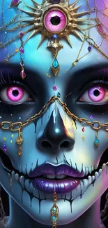 Mystical jewel-adorned face wallpaper with vibrant colors.