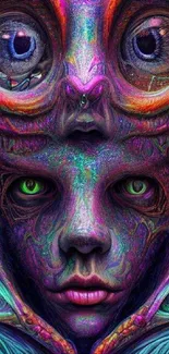 Surreal vibrant alien face art with intricate colorful patterns.