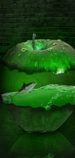 Green apple with fish in water, surreal wallpaper.