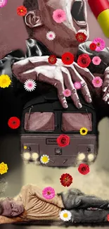 Surreal art with train and flowers on mobile wallpaper.