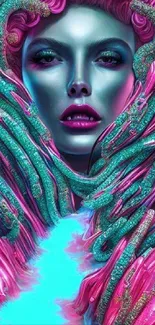 Vibrant surreal art wallpaper with neon colors and striking portrait.