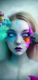 Surreal portrait with vibrant color splashes in a digital art style.