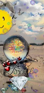 Surreal beach scene with bubbles and a smiling sun.