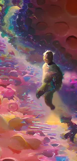 Person in vibrant, surreal colorful abstract cosmic landscape.