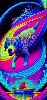 A vibrant and surreal wallpaper of a colorful dog in a cosmic scene.