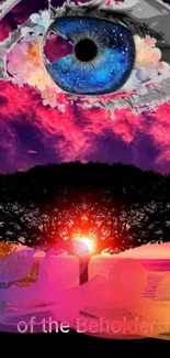 Surreal art wallpaper with cosmic eye and vibrant sunset.