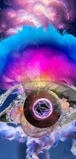 Vibrant surreal eye art with cosmic colors and abstract patterns.