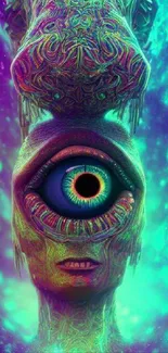 Surreal neon eye wallpaper with vibrant teal and purple colors.