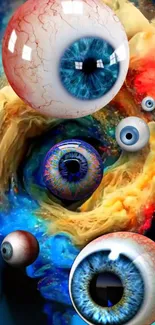 Surreal vibrant wallpaper with floating eyes in vivid colors.