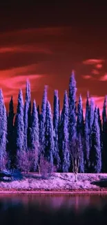 Purple forest with red sunset sky mobile wallpaper.