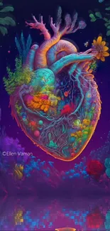 Surreal heart illustration with vibrant colors and nature elements.