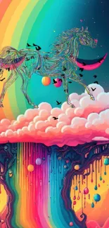 Surreal and vibrant wallpaper of a colorful horse in a fantasy landscape.