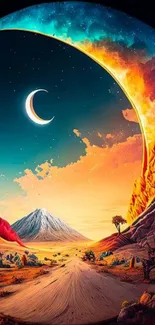 Surreal landscape wallpaper with vibrant sky and crescent moon