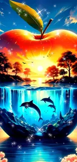 Vibrant surreal nature artwork with apple and waterfalls.