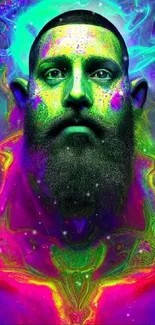 Vibrant neon portrait of a surreal bearded face with colorful lighting.