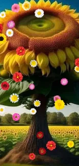 Surreal sunflower art with green eye center and vibrant colors in a field.