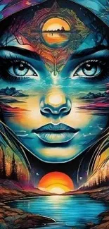 Surreal artwork of a woman's face merging with a vivid sunset landscape.