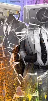 Colorful surveillance art wallpaper with suits and shattered glass.