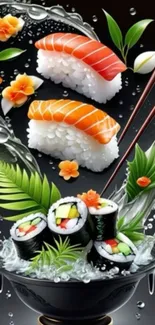 Vibrant art featuring sushi rolls and chopsticks on black background.