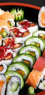 Colorful sushi rolls arranged on a plate, featuring salmon and cucumber.