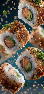 Vibrant sushi rolls with texture and color on display.
