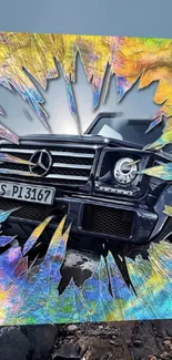 Luxury SUV breaking through a colorful, abstract burst design wallpaper.