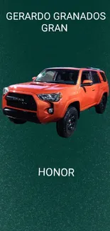 Orange SUV on textured green background with bold text.