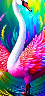 Majestic swan with vibrant rainbow feathers on colorful background.