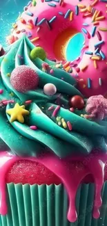 Colorful cupcake and candy wallpaper, vibrant and sweet.