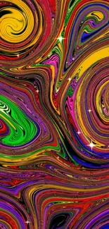 Vibrant abstract swirl wallpaper in yellow, green, and purple tones.