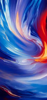 Vibrant abstract swirl with blue, red, and orange hues on phone wallpaper.