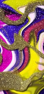 Colorful abstract swirl with gold glitter on a vibrant background.