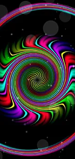 Colorful neon swirl on black wallpaper.