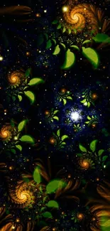 Vibrant cosmic swirl with green leaves and golden fractal design.