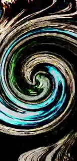 Vibrant swirl pattern with black, blue, and white hues in artistic design.