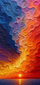 Abstract oil painting of a vibrant sunset with swirling colors.