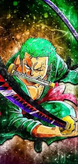 Dynamic anime character with swords in vibrant colors.