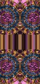 Vibrant symmetrical pattern wallpaper with magenta and gold hues.