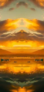 A vibrant symmetrical sunset sky with reflections and warm hues.