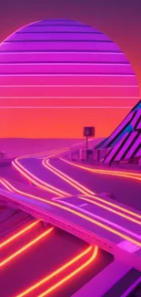 Vibrant synthwave cityscape with neon hues in a retro-futuristic style.