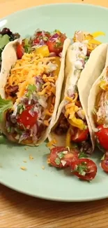 Colorful tacos on a green plate with fresh ingredients.