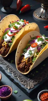 Two vibrant tacos with colorful toppings on a decorative black platter.