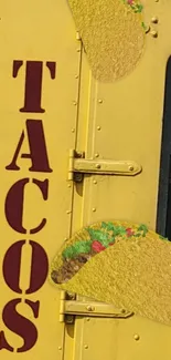 Taco truck with bold yellow background and colorful tacos.