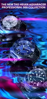 Vibrant blue and pink TAG Heuer watches with water reflection.