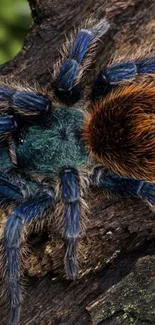 Vibrant tarantula resting on rustic wood with rich colors.