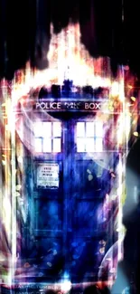 Vibrant TARDIS design with neon hues on black background.