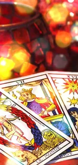 Vibrant tarot cards with red and colorful mystical design.