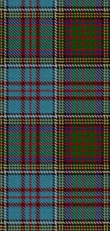 Vibrant tartan pattern wallpaper in blue, red, and green hues.